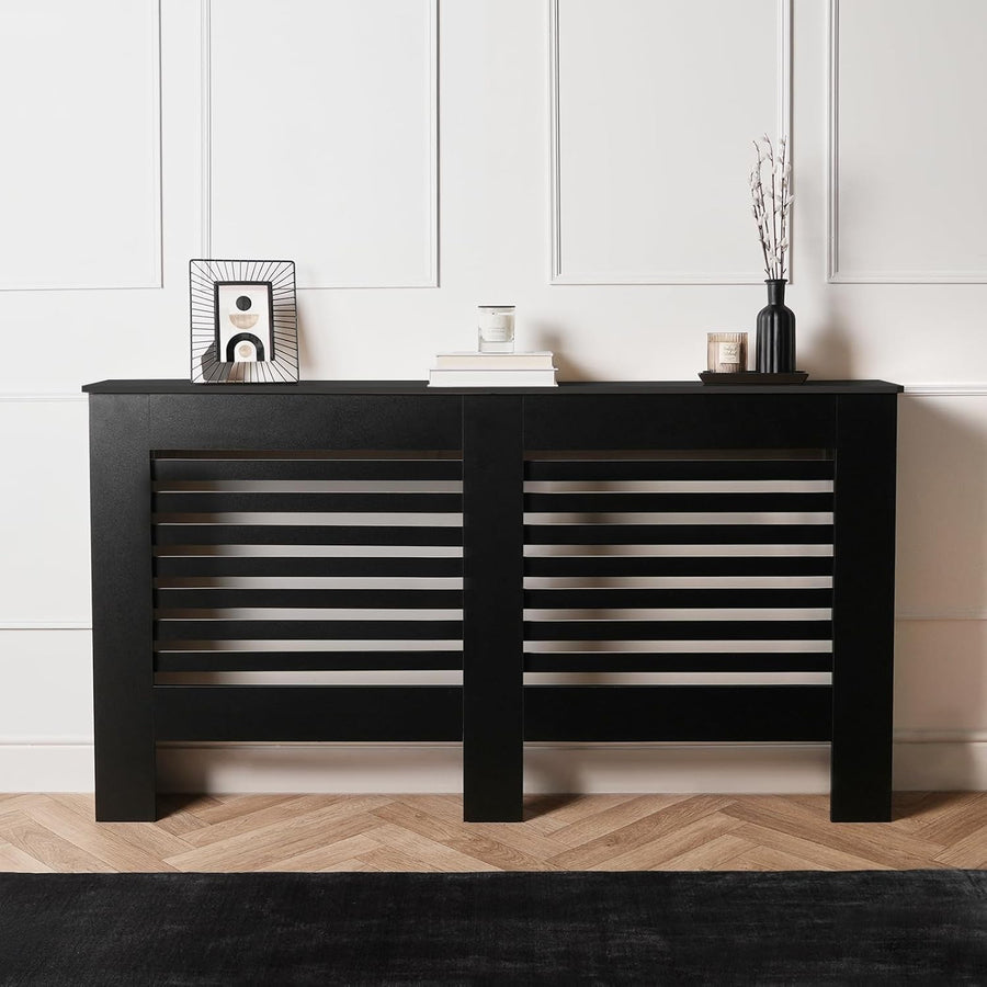 Large Black Radiator Cover MDF Slatted Cabinet – Modern Wooden Heater Shelf