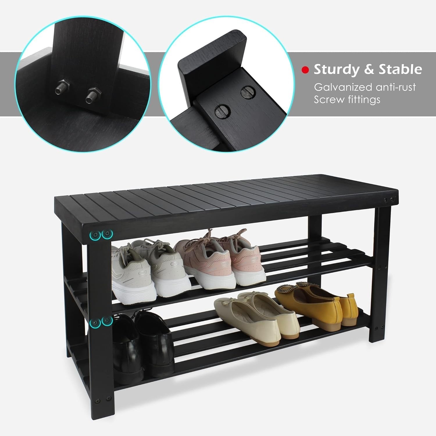 3-Tier Black Bamboo Shoe Rack Bench with Storage Shelf & Modern Design