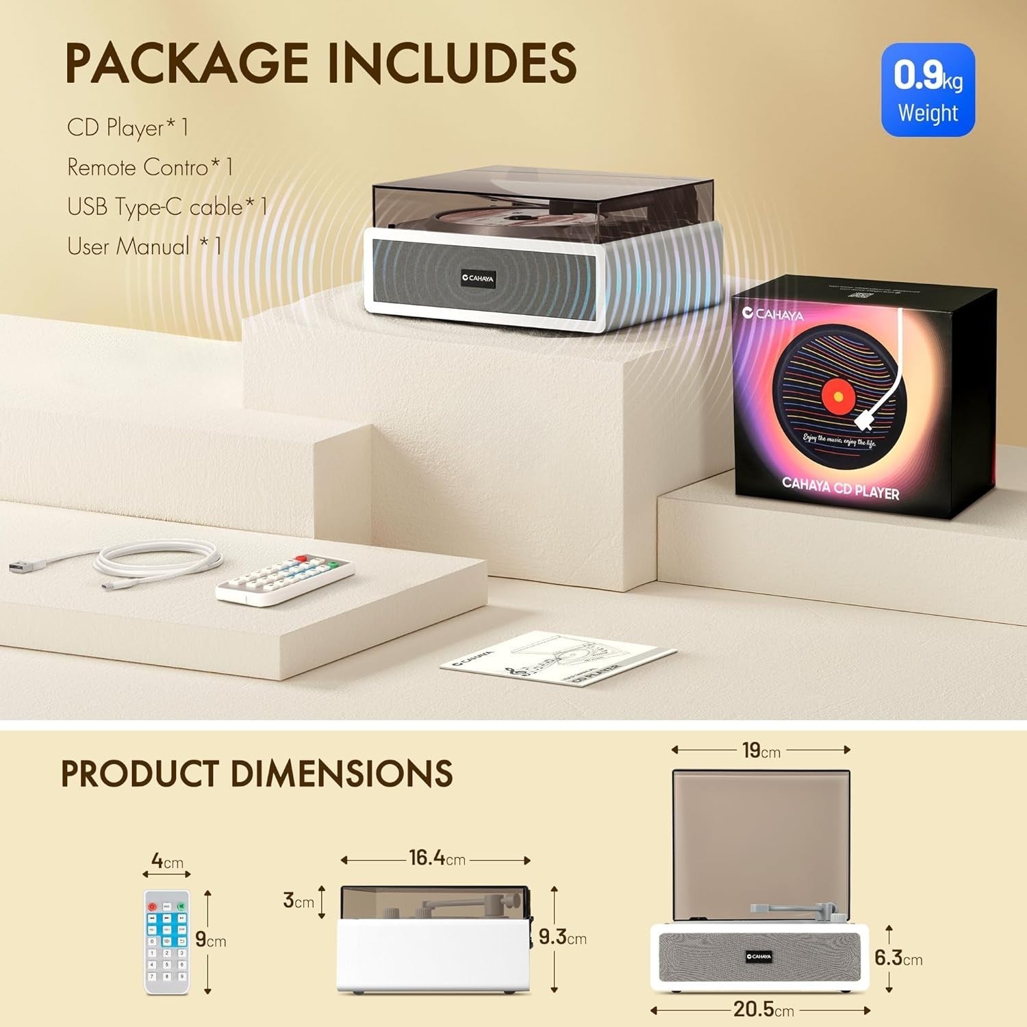 Portable CD Player Dual HiFi Speakers Remote Rechargeable USB