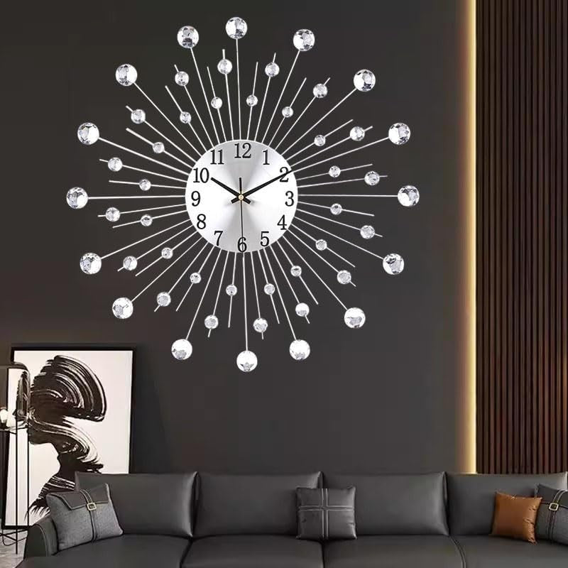 Modern Crystal Sunburst Wall Clock 50cm – Large Silent Luxury Metal Decor