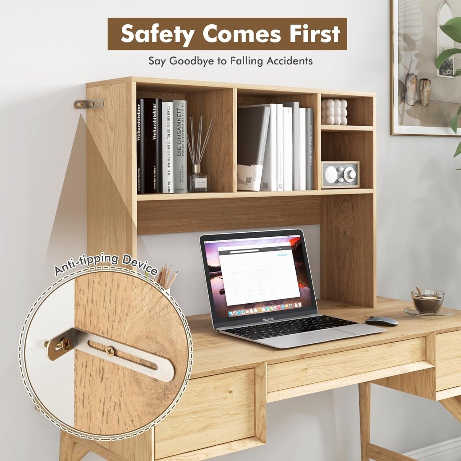 Natural Desktop Bookshelf Hutch 4-Shelf Countertop Storage Rack Monitor