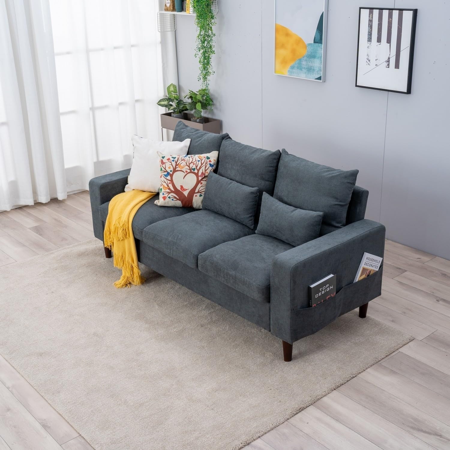 3 Seater Grey Fabric Sofa Upholstered Modern Couch for Living Room Flat