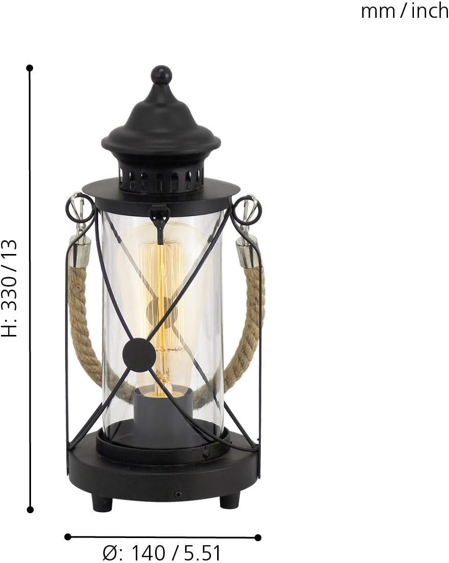 EGLO Bradford Black Vintage Table Lamp Glass E27 Bedside Lantern