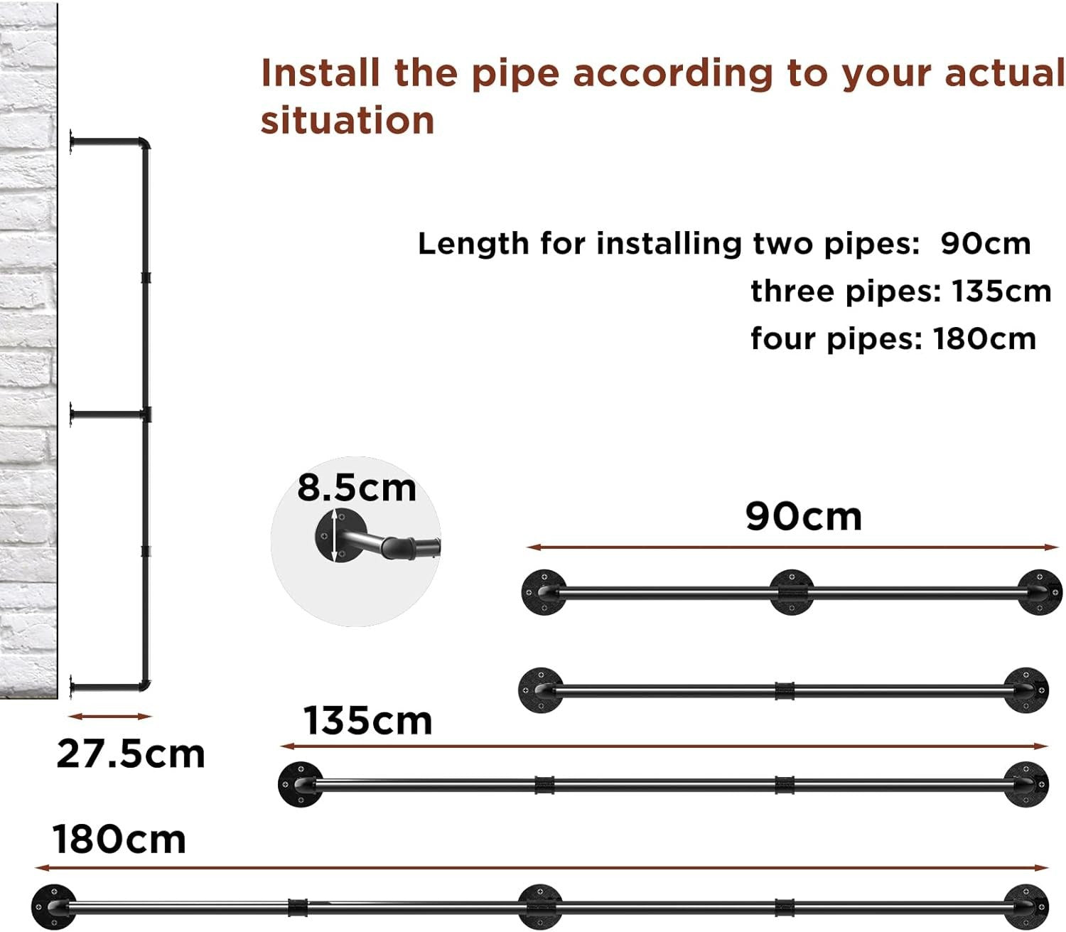 Wall Mounted Industrial Pipe Clothes Rail Heavy Duty Black 180cm