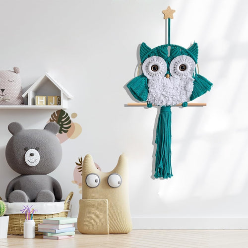 Sage Green Macrame Owl Wall Hanging Boho Fiber Art Decor