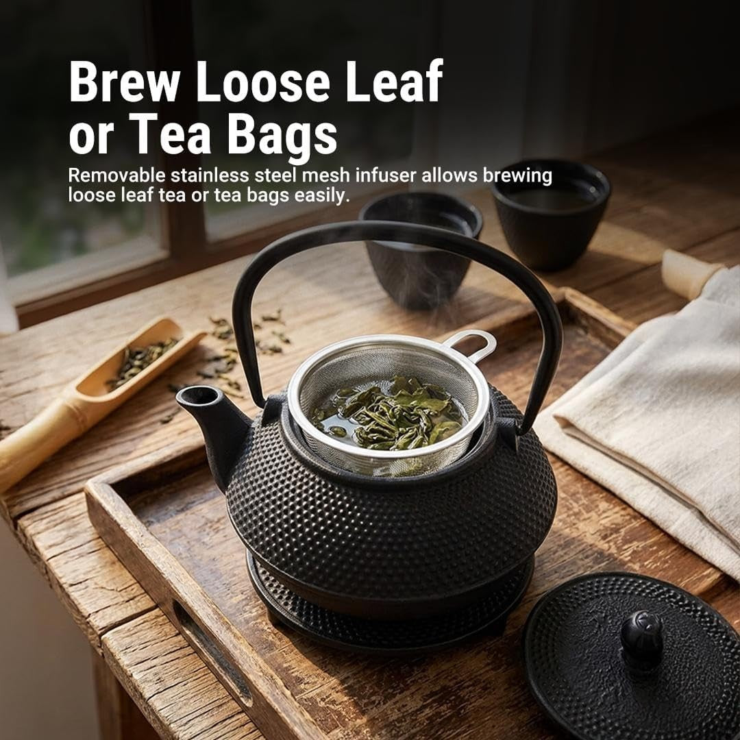 Cast Iron Teapot Set 800ml Japanese Tea Set Infuser Cups Trivet Black