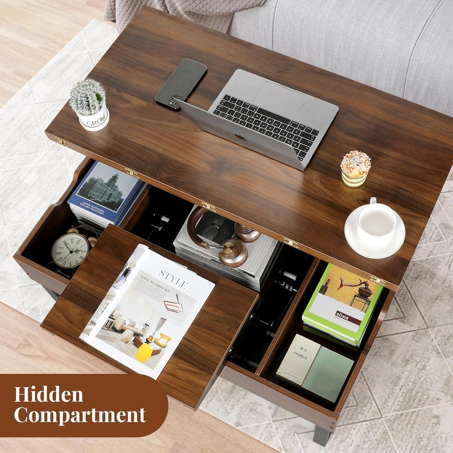 Multifunctional Lift Top Coffee Table with Hidden Storage Walnut 100x50x50cm