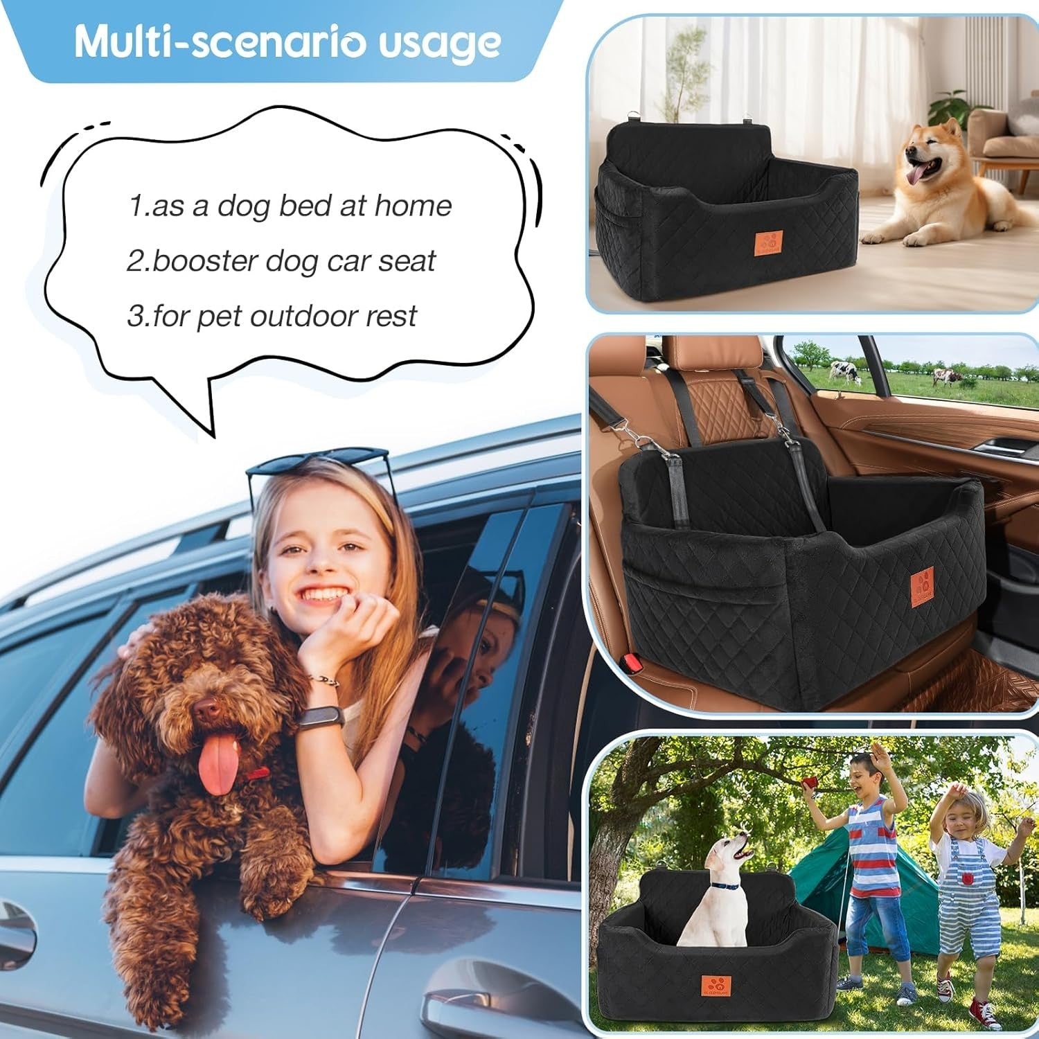 Large Dog Booster Car Seat Memory Foam Travel Bed Washable Black 50lb