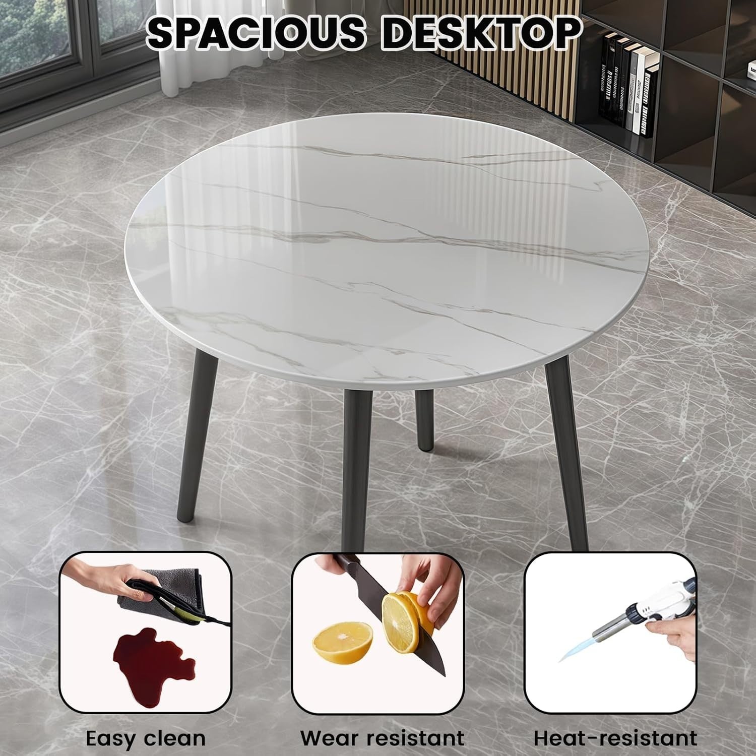 35.4" Round Faux Marble Dining Table Set with 4 PU Leather Chairs - Modern