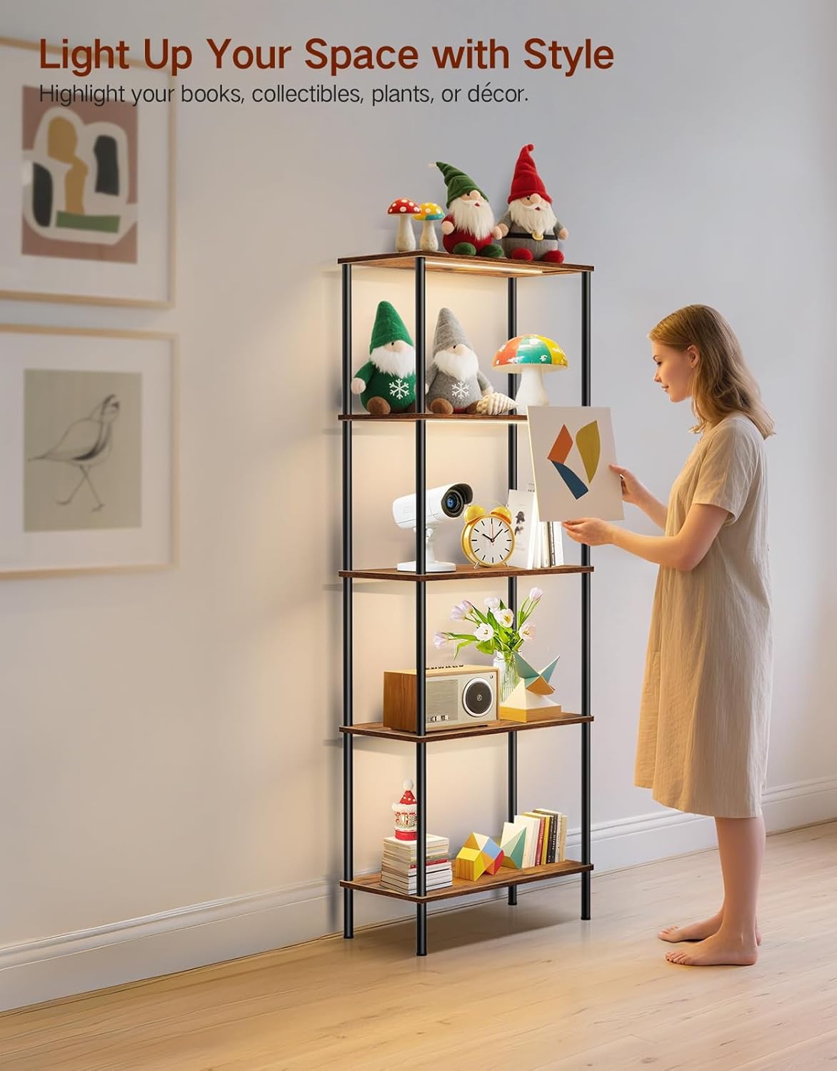5 Tier LED Bookshelf Industrial Display Cabinet with Remote Control Storage Unit