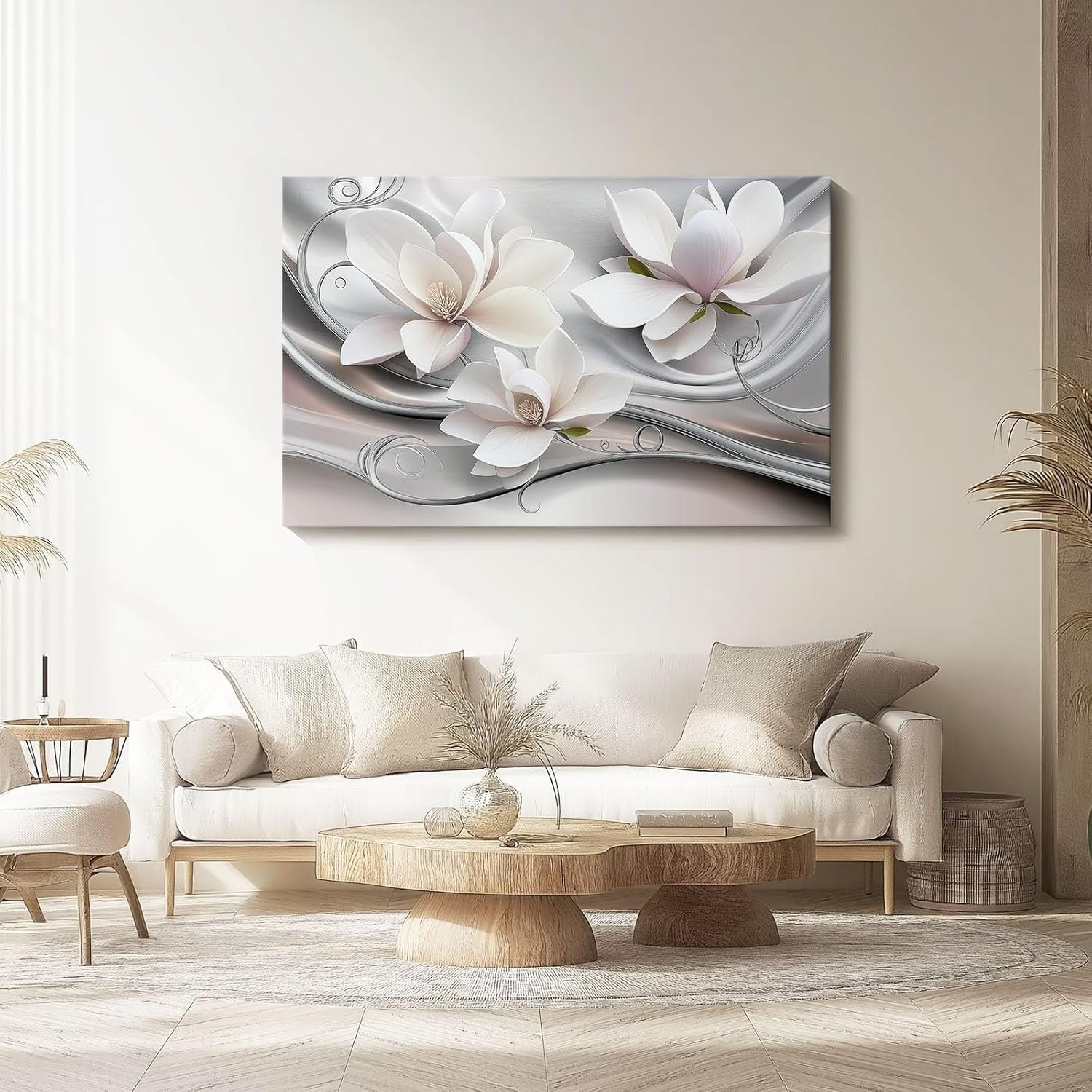 Large White Grey Floral Canvas Wall Art Modern Print 60x40cm