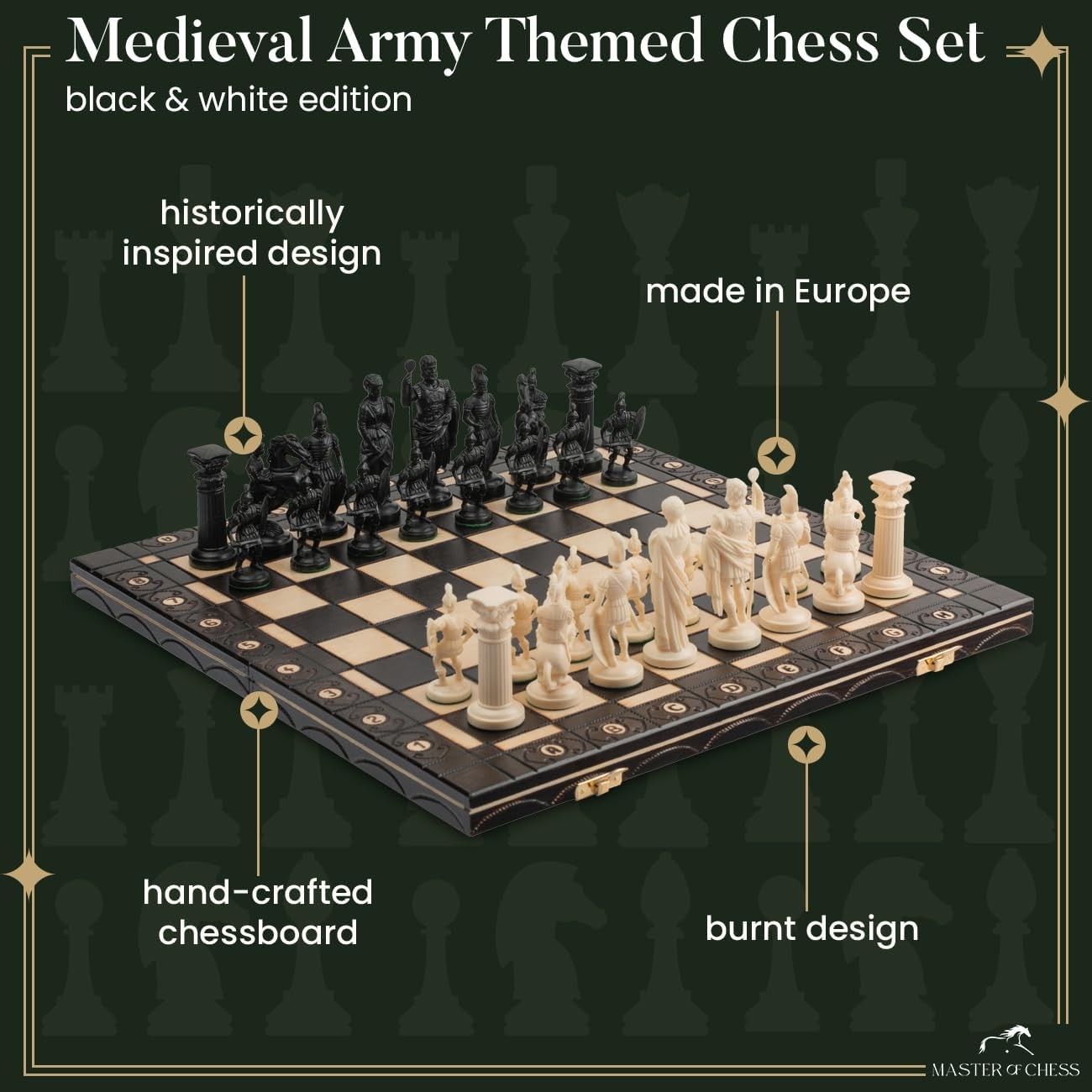16" Spartan Medieval Chess Set Weighted Pieces & Engraved Folding Board