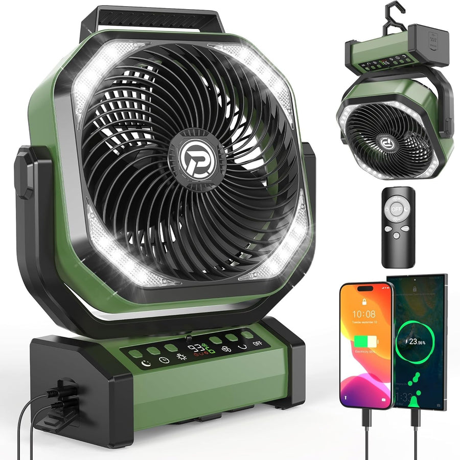 Green Camping Fan – 20000mAh Rechargeable w/ LED Light, 9 Speeds & Remote Timer