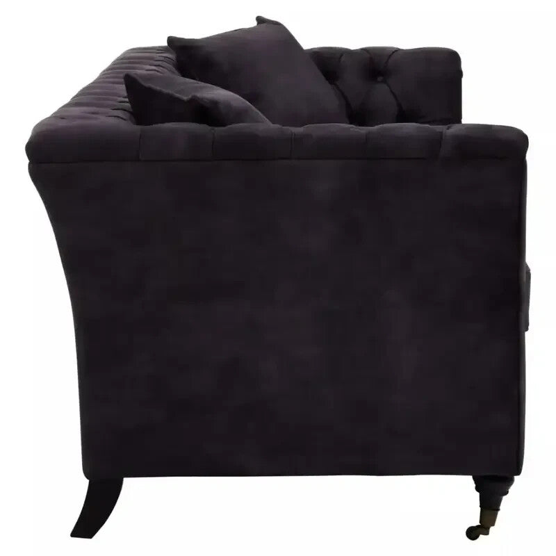 Grey Velvet 3 Seater Sofa Chesterfield Style Tufted Arms Castor Legs