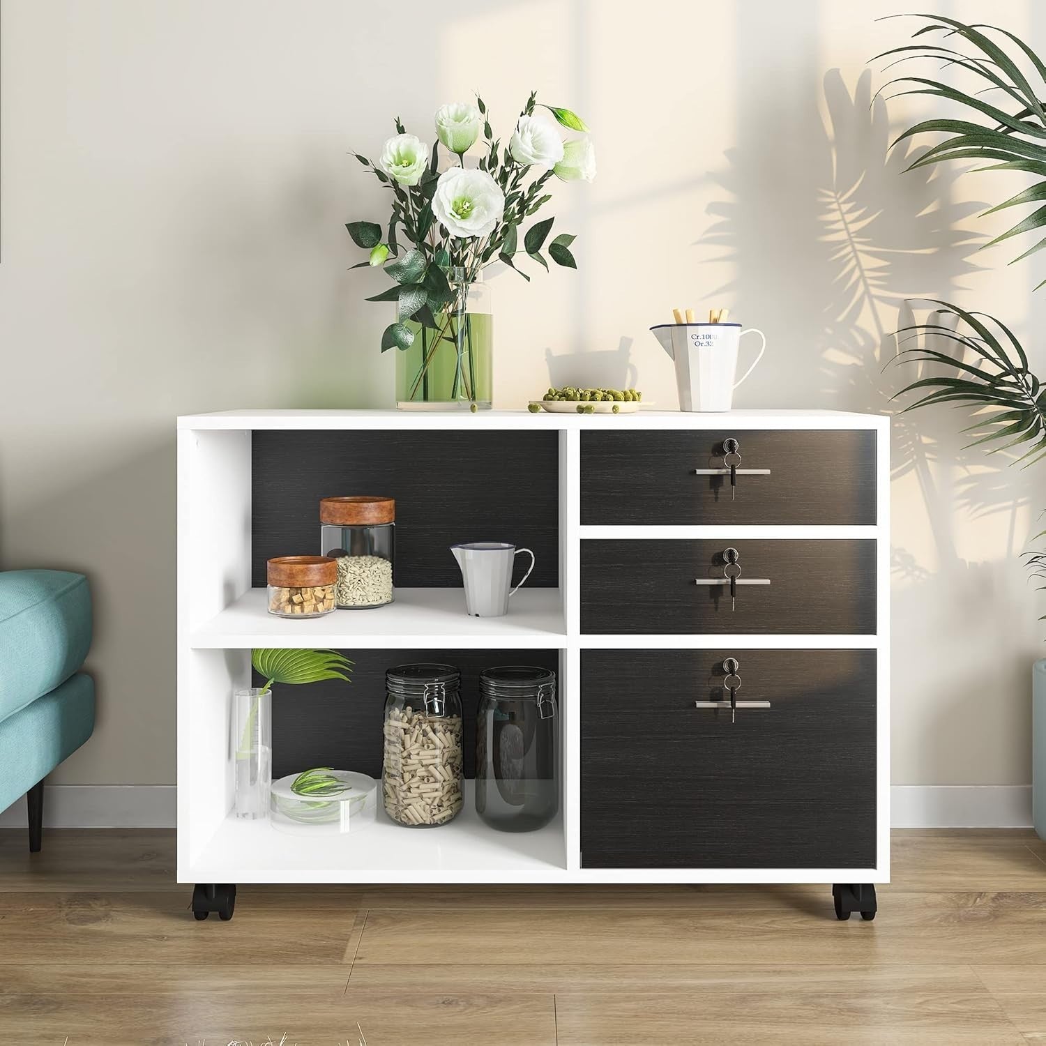 Wide Mobile Filing Cabinet 3 Drawer Lockable Printer Stand White Black