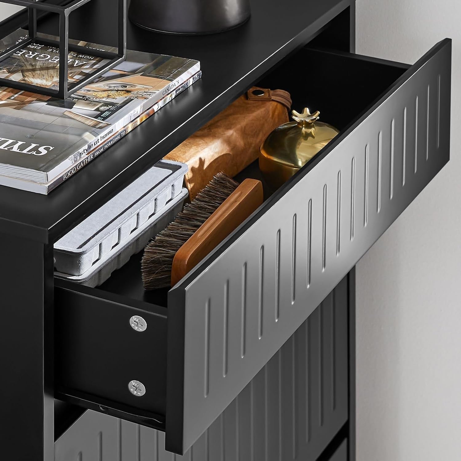 Slim Black Shoe Storage Cabinet 2 Flip + 1 Pull-Out Drawer, Space Saver