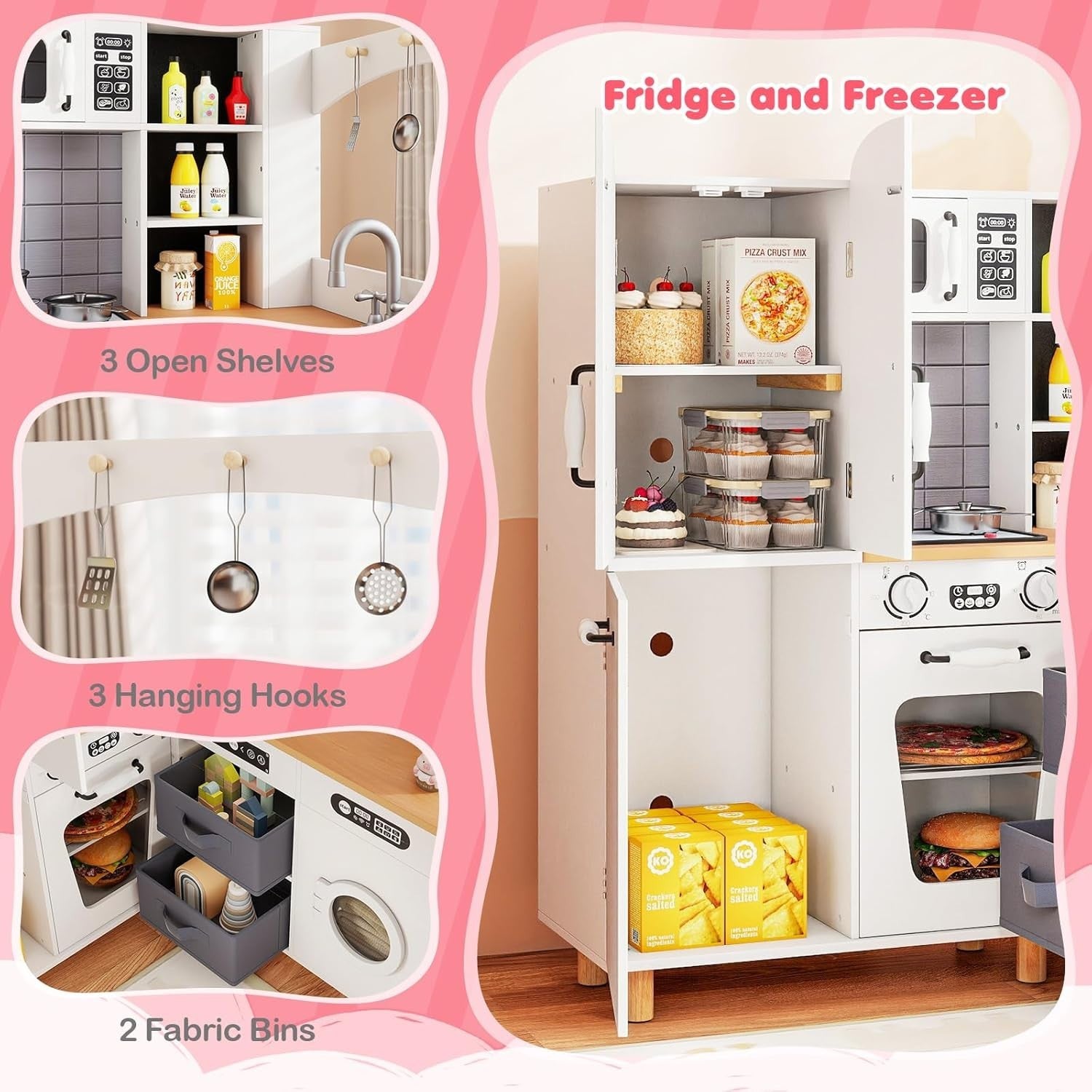 Corner Kids Play Kitchen White w/ Fridge Washer Coffee Maker Set