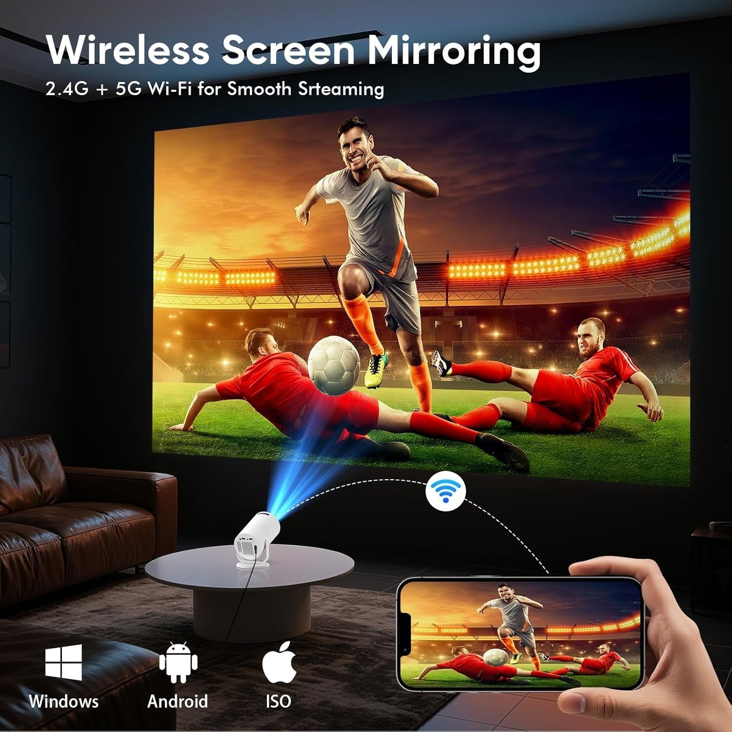 1080P WiFi6 Mini Projector Bluetooth 180° Auto Keystone