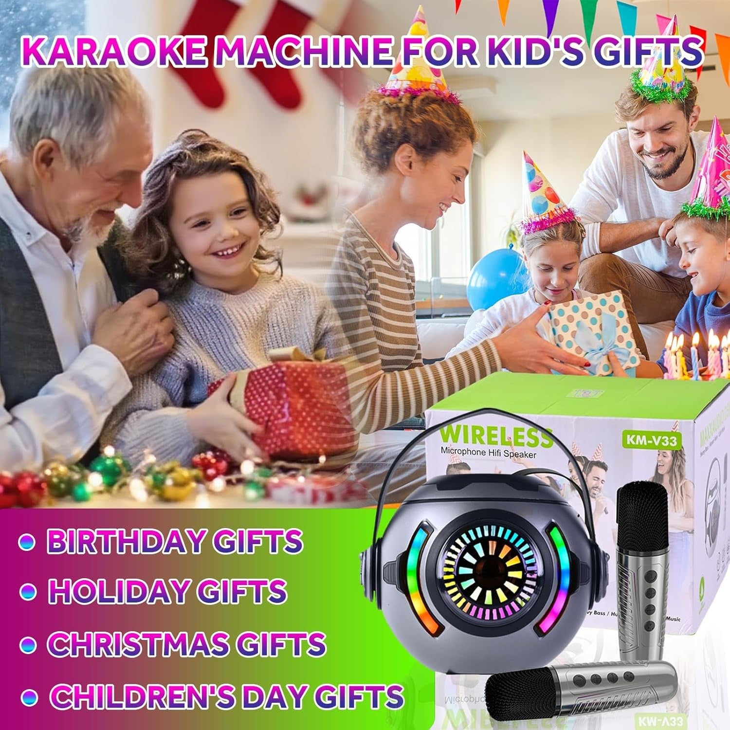 Black Kids Karaoke Machine with 2 Wireless Mics LED Bluetooth