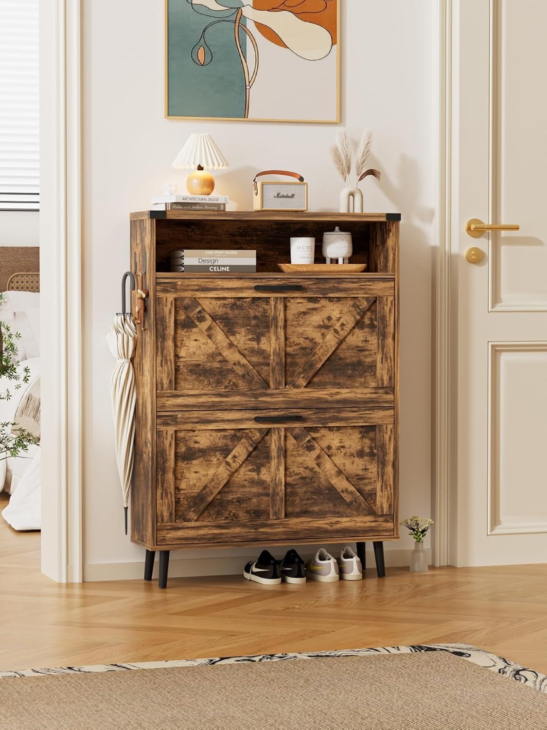 Slim Shoe Cabinet with 2 Flip Drawers & Adjustable Shelves, Narrow Storage