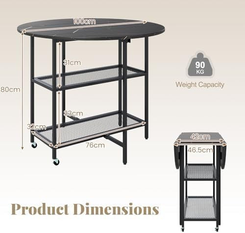 Folding Round Dining Table with Locking Wheels & 2-Tier Shelves Black