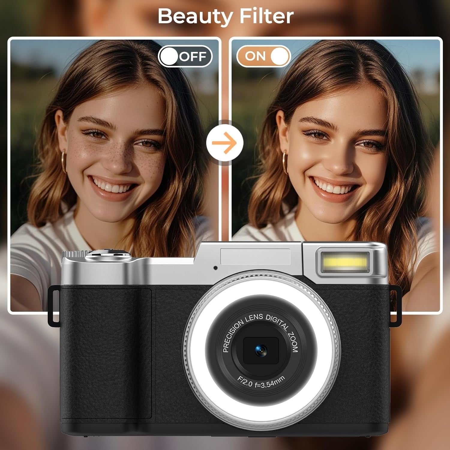 4K 64MP Vlogging Camera Flip Screen LED Selfie Light 2 Batteries