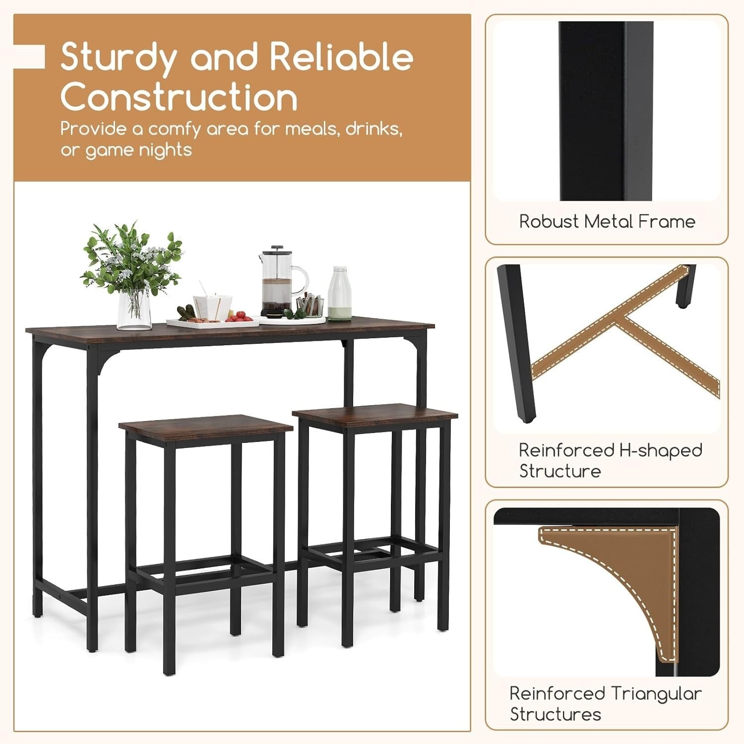 3 Piece Bar Table Set 2 Stools Space Saving Counter Height Dining Coffee Black