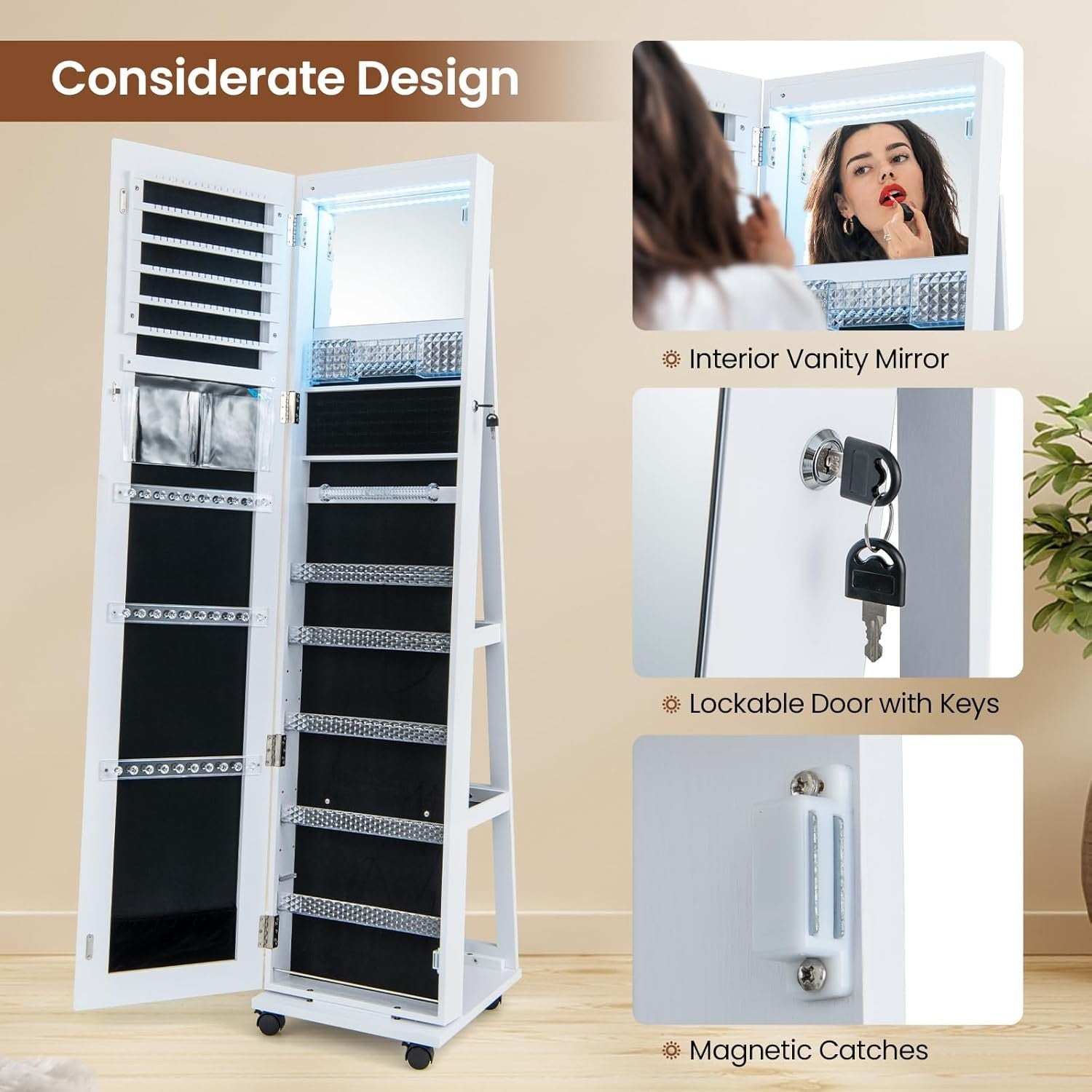 White 360° Rotating LED Jewellery Cabinet Lockable Mirror with Wheels