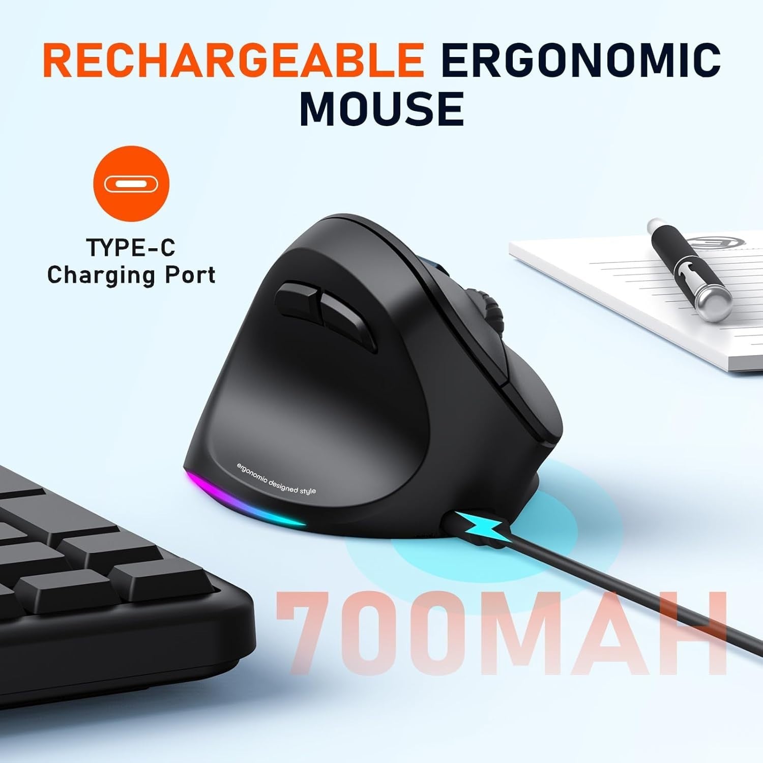 Left Handed Ergonomic Wireless RGB Mouse Bluetooth USB C Rechargeable