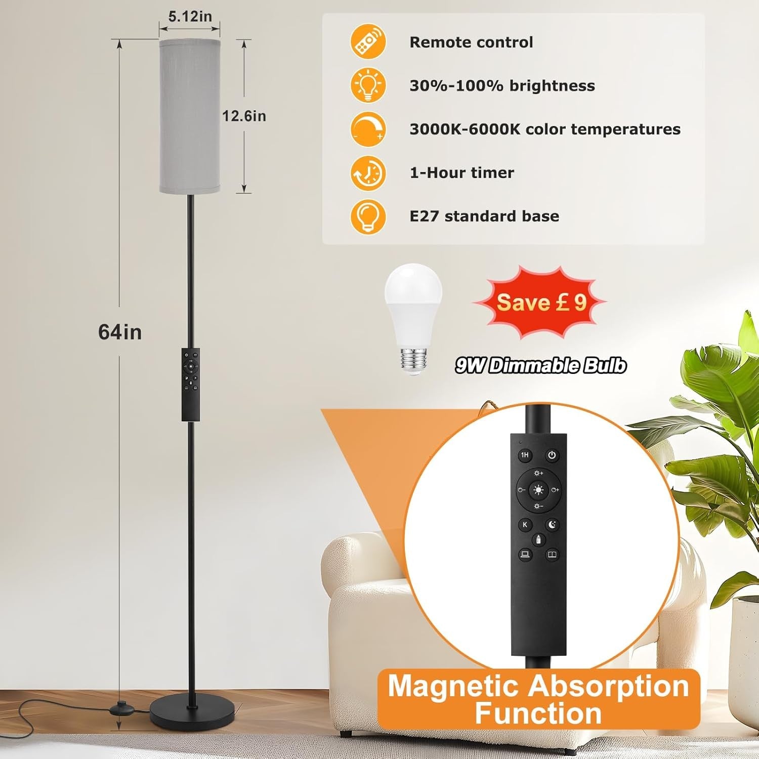 Grey Corner Floor Lamp Remote Control Dimmable Standing Light Living Room