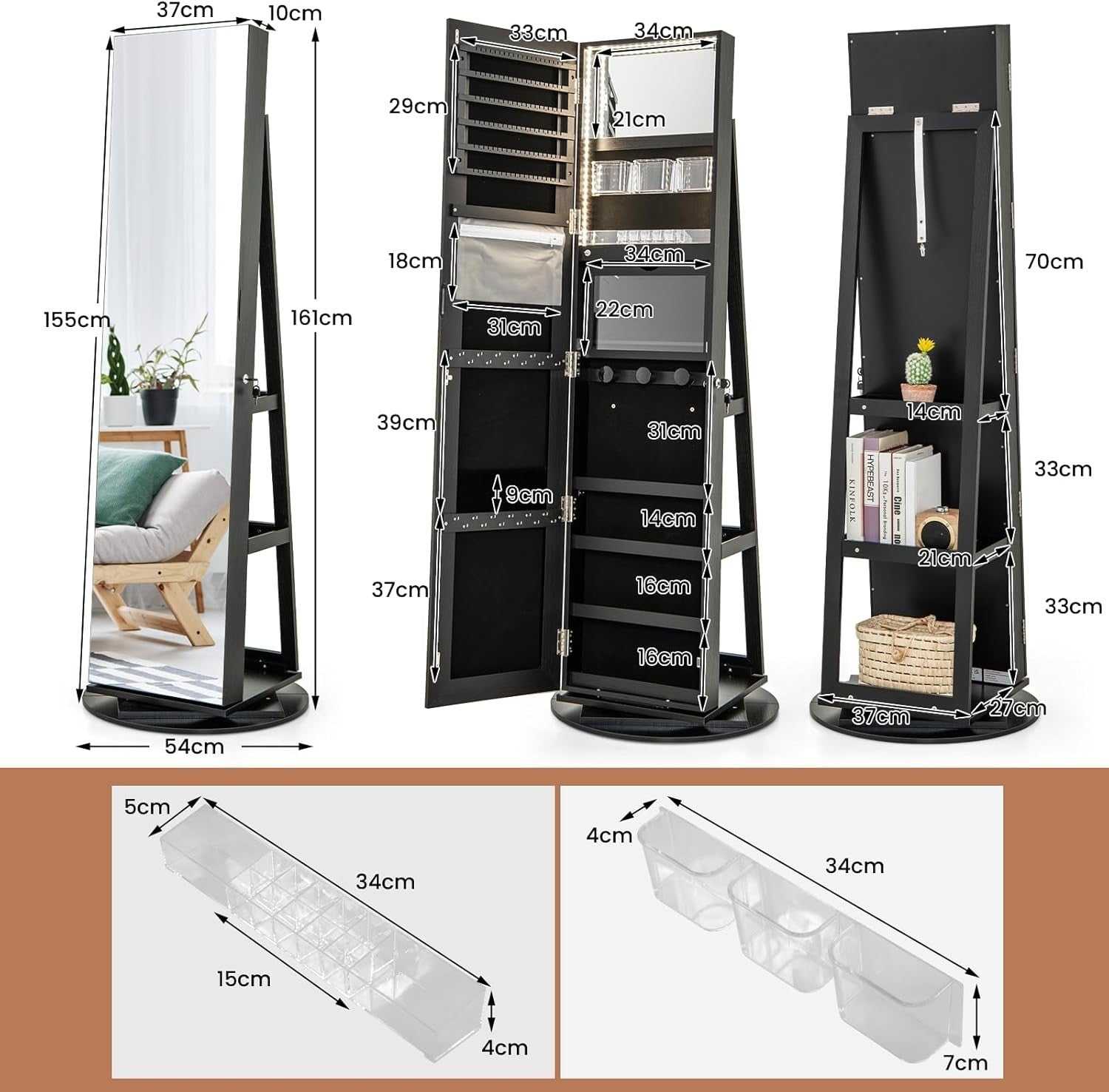 360° Swivel Jewelry Armoire Lockable Full Length Mirror LED Storage Black