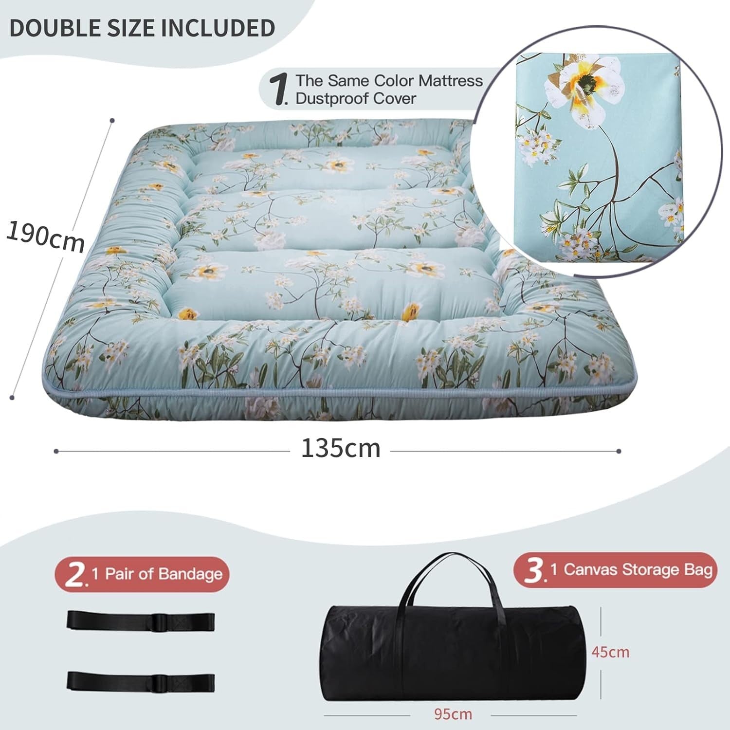 Thick Japanese Floor Mattress Futon Roll-Up Sleeping Pad Tatami Mat Double Bed