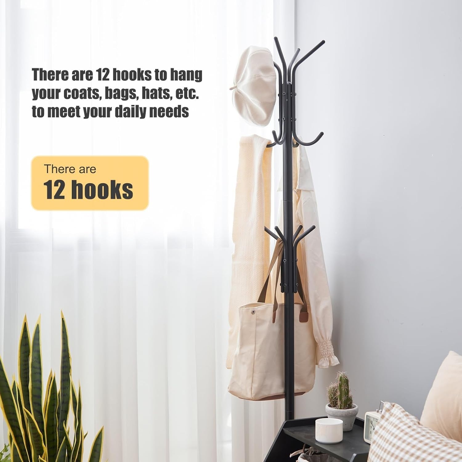 Black Metal Coat Rack Freestanding with 12 Hooks | Hat & Scarf Organizer