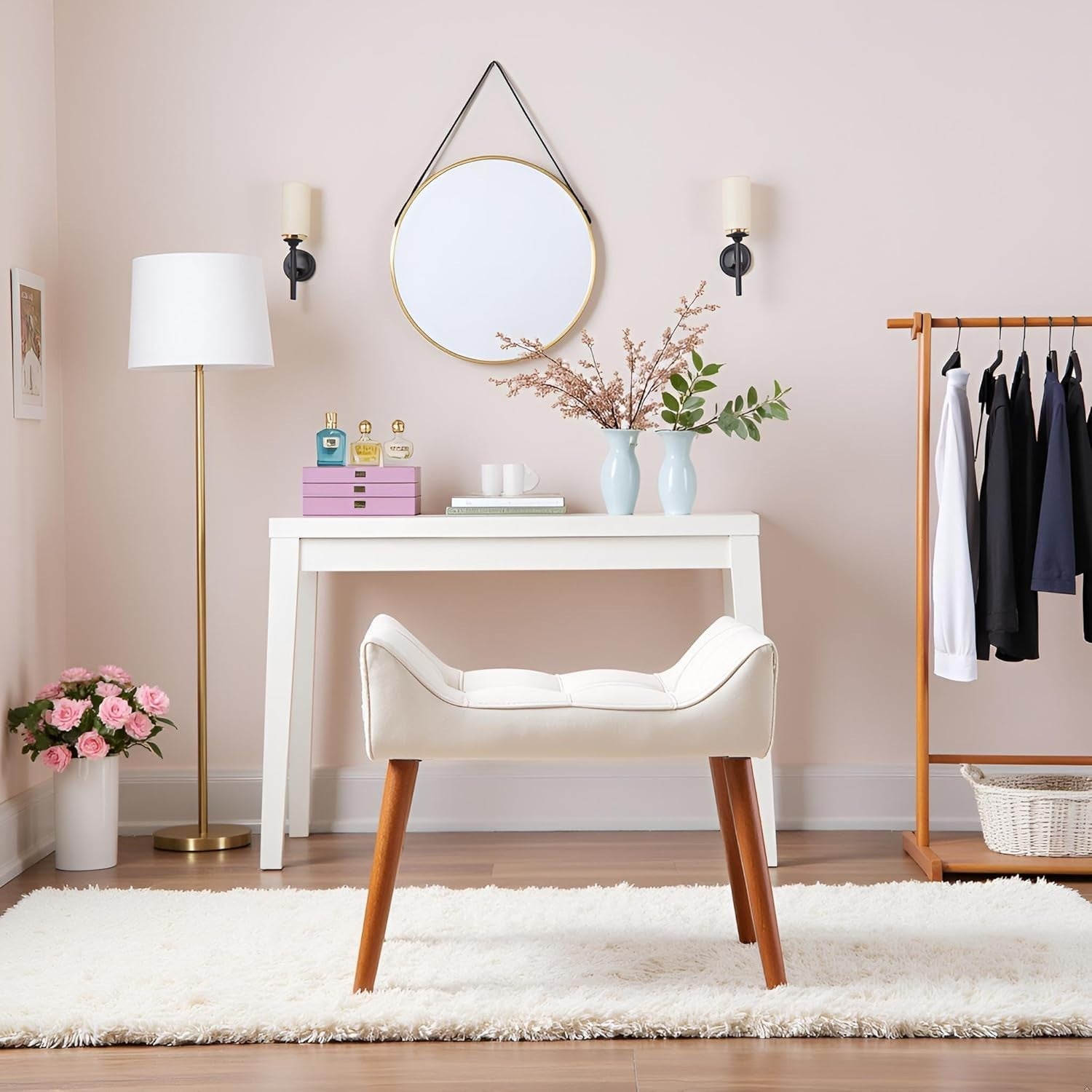 Cream Padded Dressing Table Stool Modern Vanity Makeup Chair Bedroom