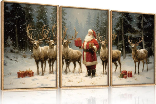 Christmas Wall Art Framed Canvas Set 3 Santa Reindeer Winter Holiday Decor