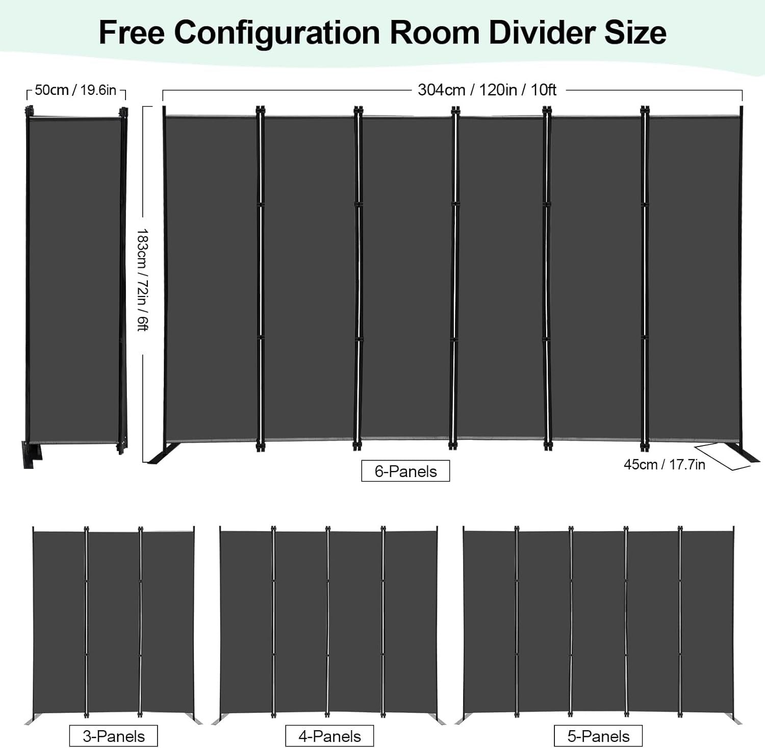 6 Panel Room Divider Folding Privacy Screen Freestanding Partition 304x183cm Gre