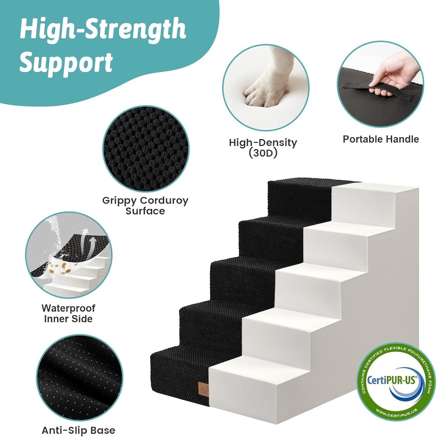 Wide Dog Stairs Non-Slip Pet Steps for Small Dogs Cats Puppy 75x50x60cm Black