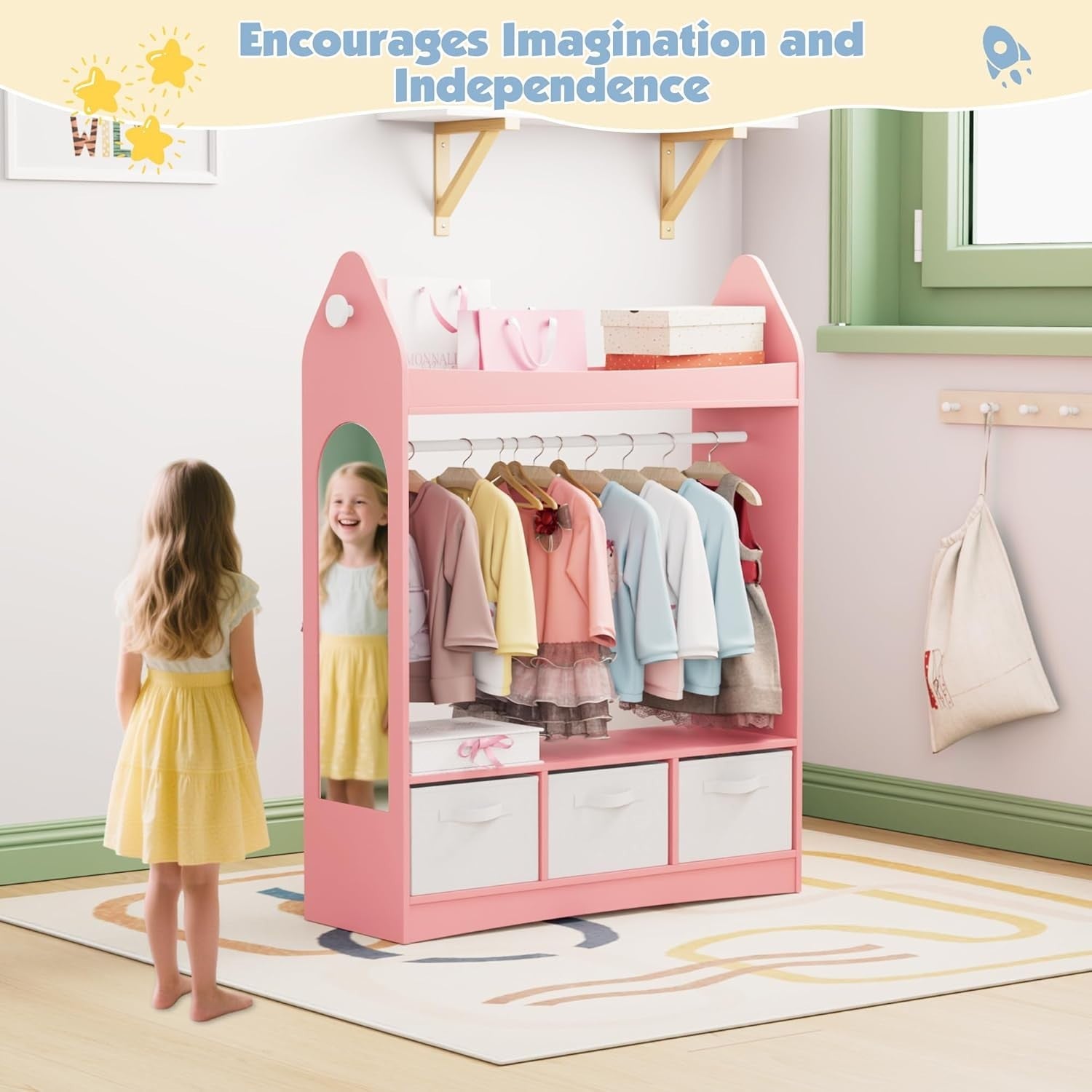 Kids Wardrobe with Mirror, 3 Drawers & Hanging Rail, Pink Rocket Design