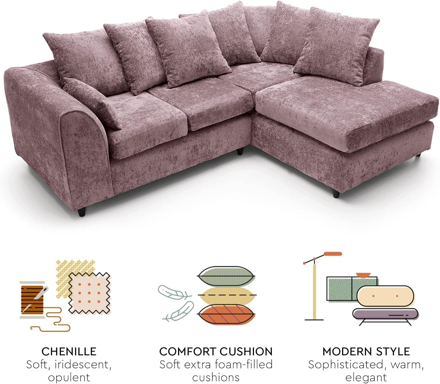 Pink Chenille Corner Sofa Right – Modern L Shape Couch for Living Room