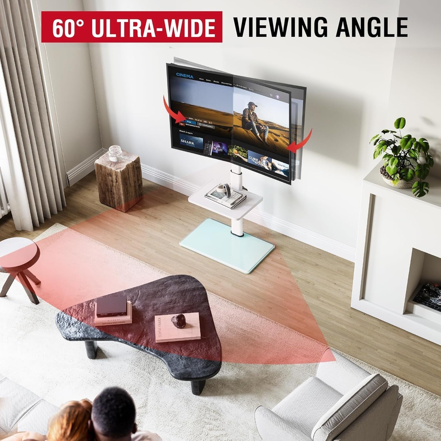 TV Stand 32–70” Floor Mount, Swivel Tilt Shelf, VESA 400x400, Height Adj