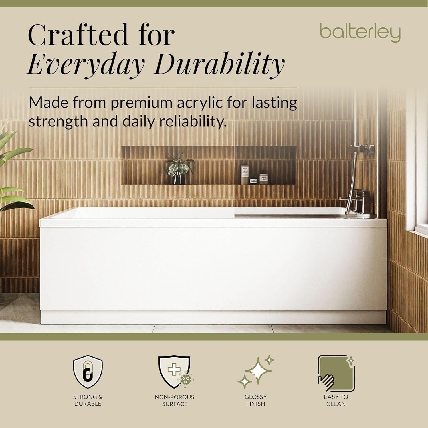 1500x700mm Single Ended Straight Bath White Acrylic Soaking Tub with Legs