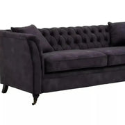 Grey Velvet 3 Seater Sofa Chesterfield Style Tufted Arms Castor Legs