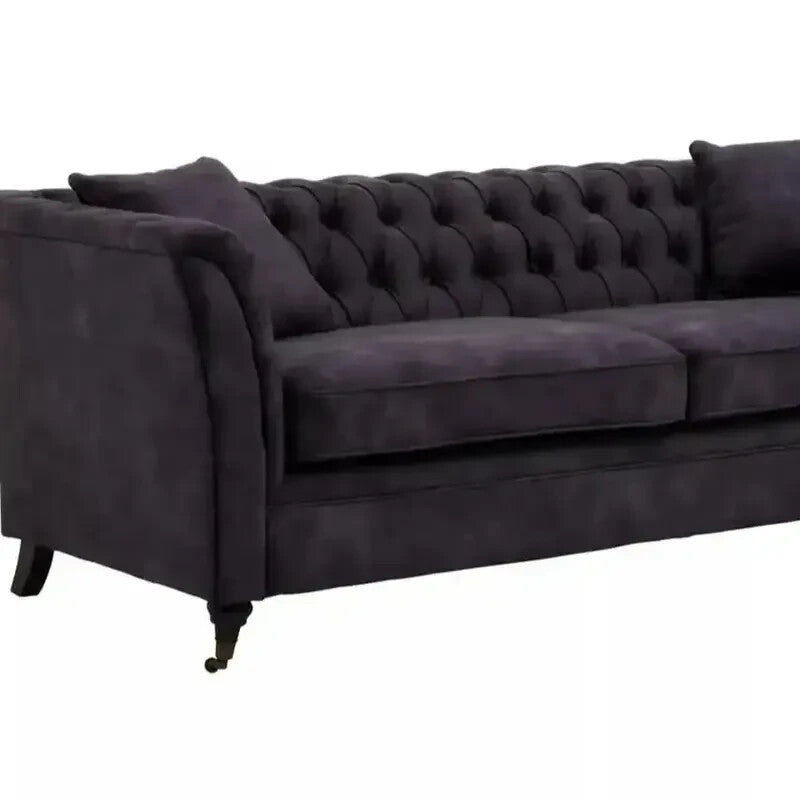 Grey Velvet 3 Seater Sofa Chesterfield Style Tufted Arms Castor Legs