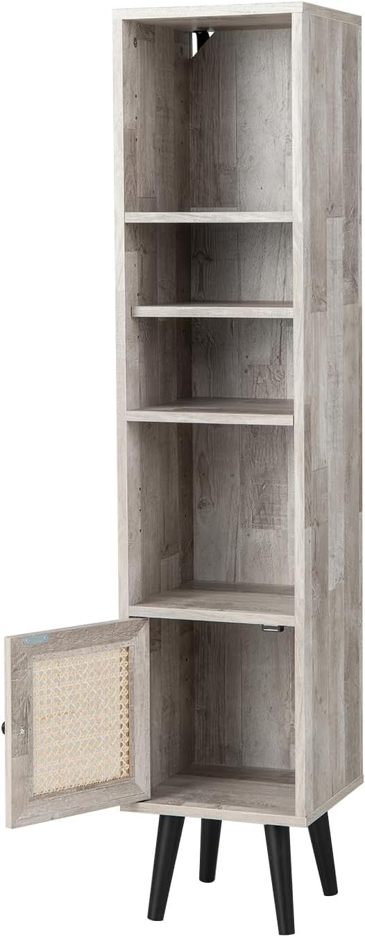Slim Tall Grey Bookcase with Cabinet 6-Tier Adjustable Shelves for Home Office