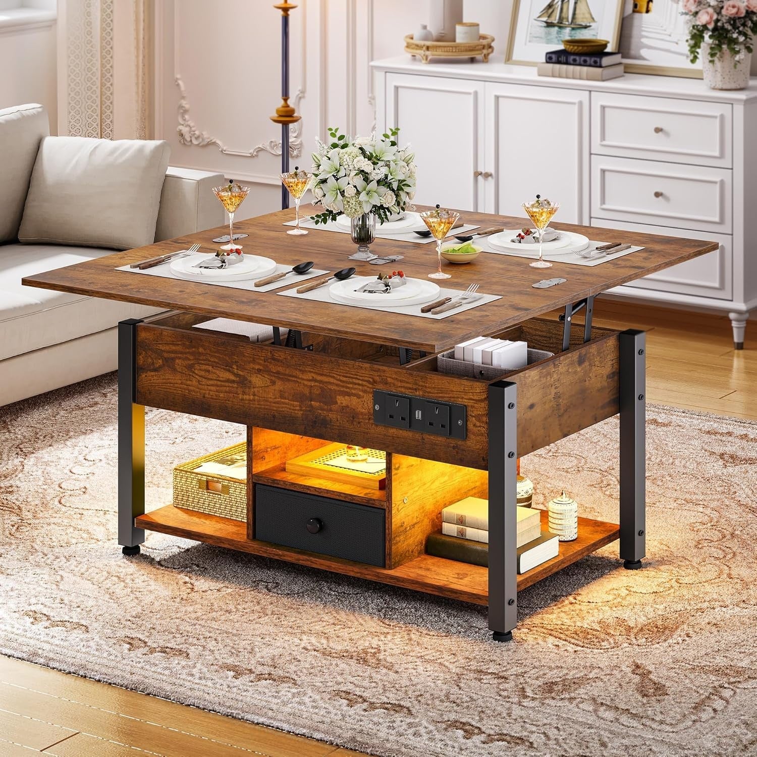 4-in-1 Lift Top Coffee Table with Storage, Charging Ports & RGB LED Lights