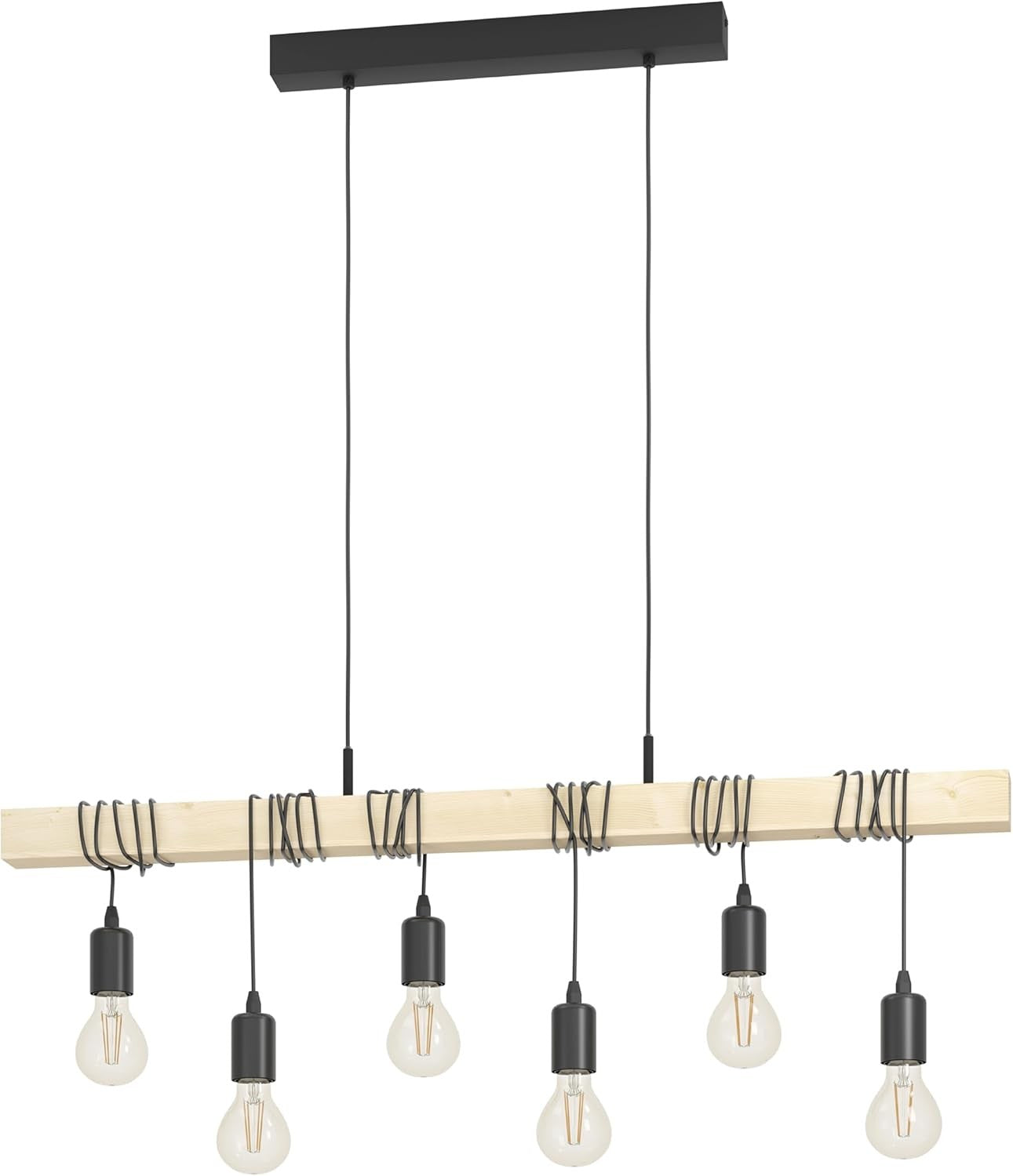 6 Light Industrial Pendant Ceiling Lamp Wood & Metal Vintage E27