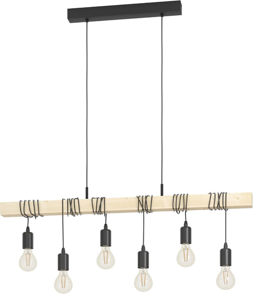 6 Light Industrial Pendant Ceiling Lamp Wood & Metal Vintage E27