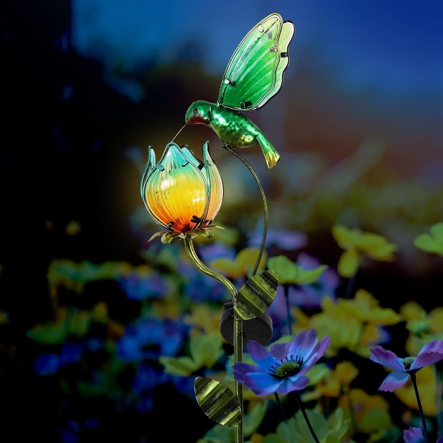 Solar Hummingbird & Tulip Garden Light Glass LED Outdoor Yard Stake Decor 97cm