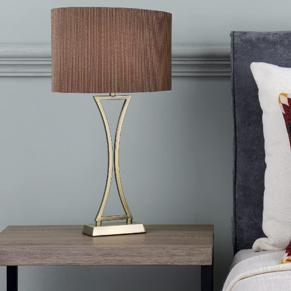 Modern Antique Brass Table Lamp with Brown Pleated Shade & Inline Switch