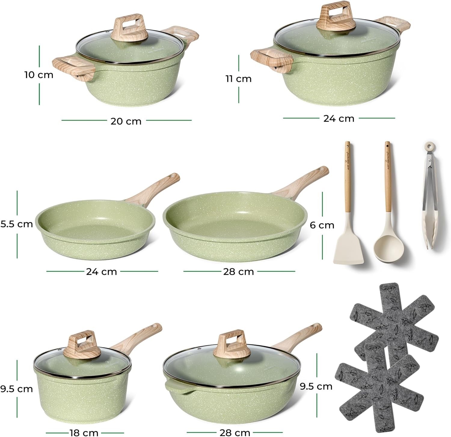 15pcs Green Granite Induction Non Stick Cookware Set Pots & Pans Eco Friendly